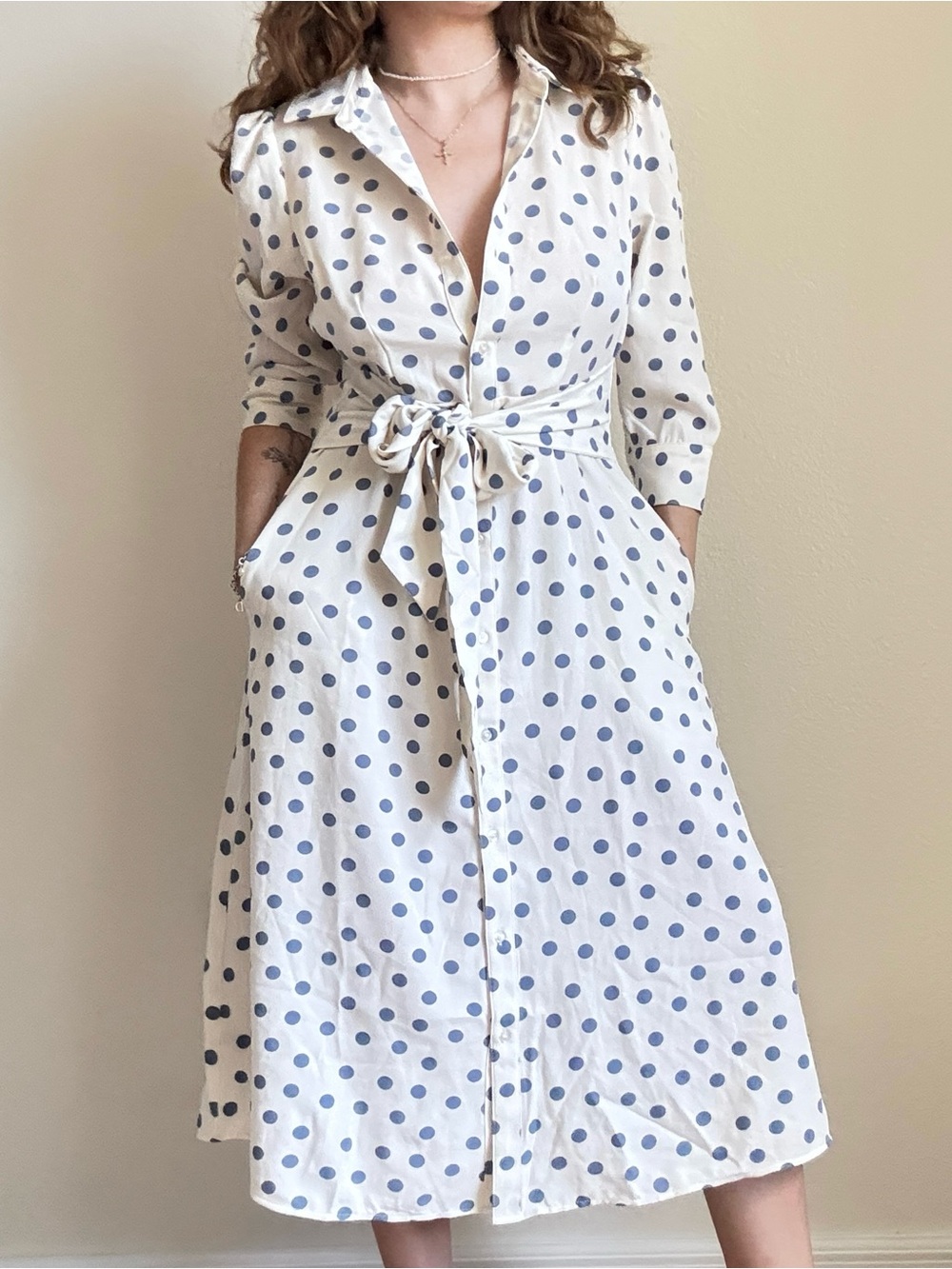White and Blue Polka Dot Shirt Dress with Tie Waist - Picture 4 of 4